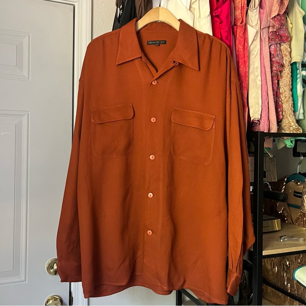 CRÈME DE SILK Pumpkin rust‎ orange textured silk button up oversized shirt